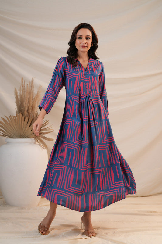 Indigo Maze Flared Russian Silk Dress