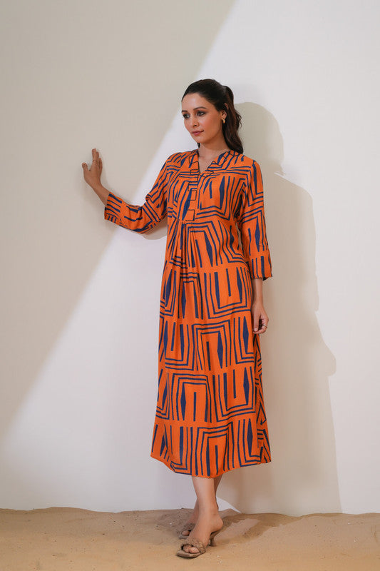 Orange Blue Maze Russian Silk Dress