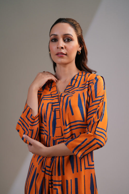 Orange Blue Maze Russian Silk Dress