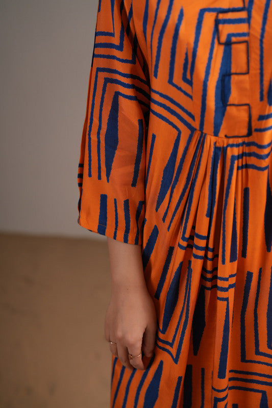 Orange Blue Maze Russian Silk Dress