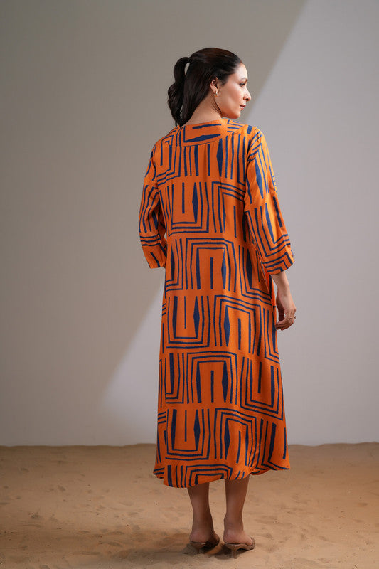 Orange Blue Maze Russian Silk Dress