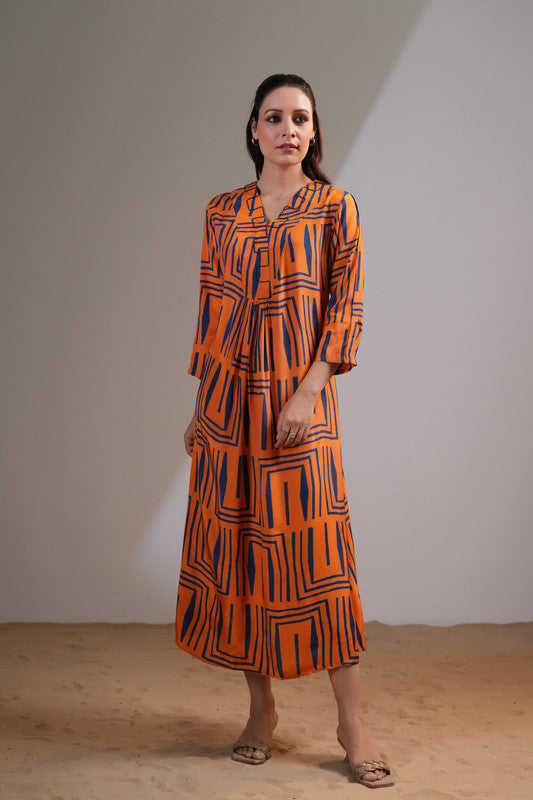 Orange Blue Maze Russian Silk Dress