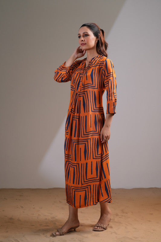 Orange Blue Maze Russian Silk Dress