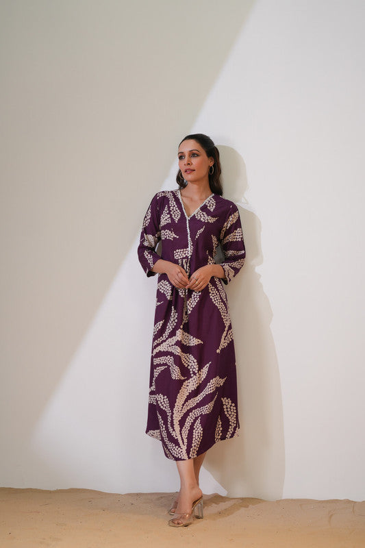 Purple Floral Leaf Russian Silk Dress