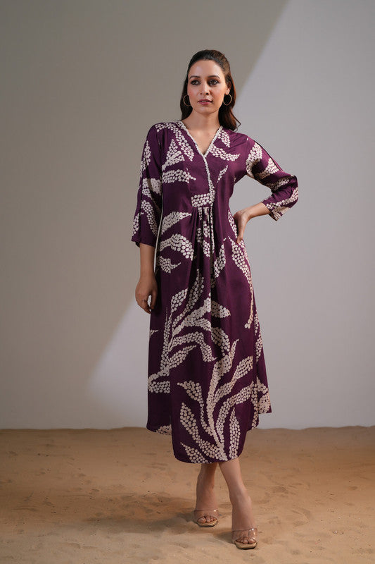 Purple Floral Leaf Russian Silk Dress