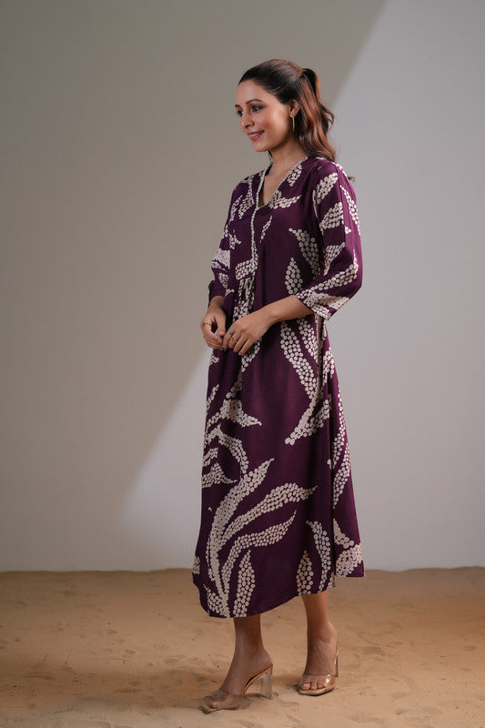 Purple Floral Leaf Russian Silk Dress