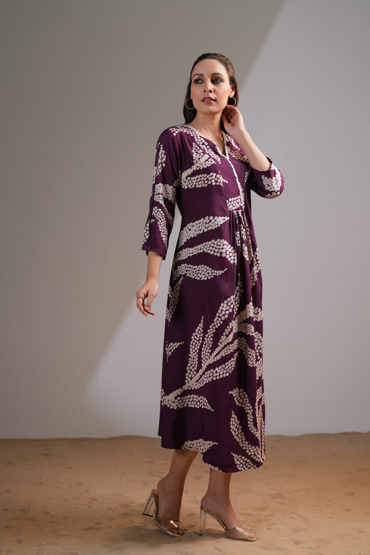 Purple Floral Leaf Russian Silk Dress