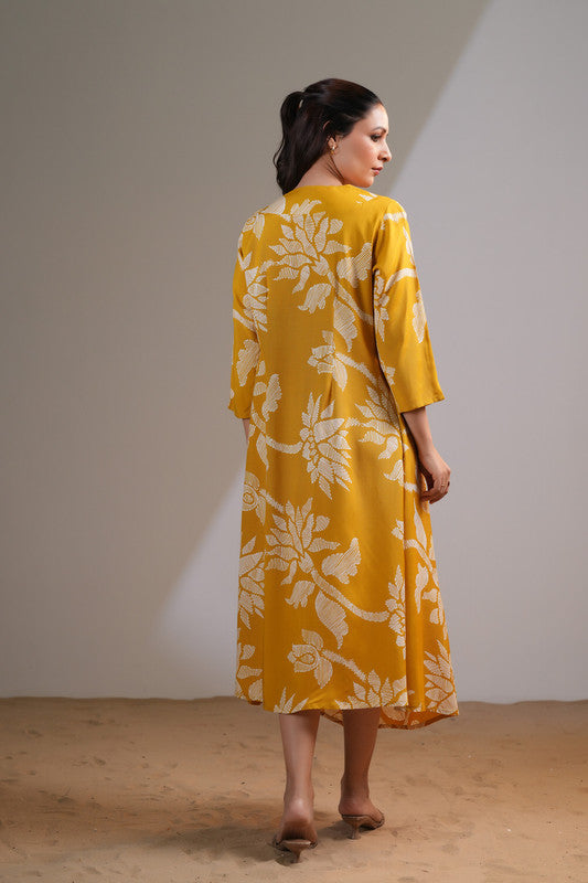 Mustard Floral Boho Russian Silk Dress