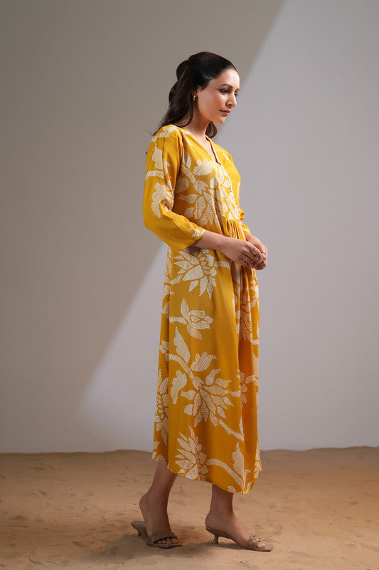 Mustard Floral Boho Russian Silk Dress