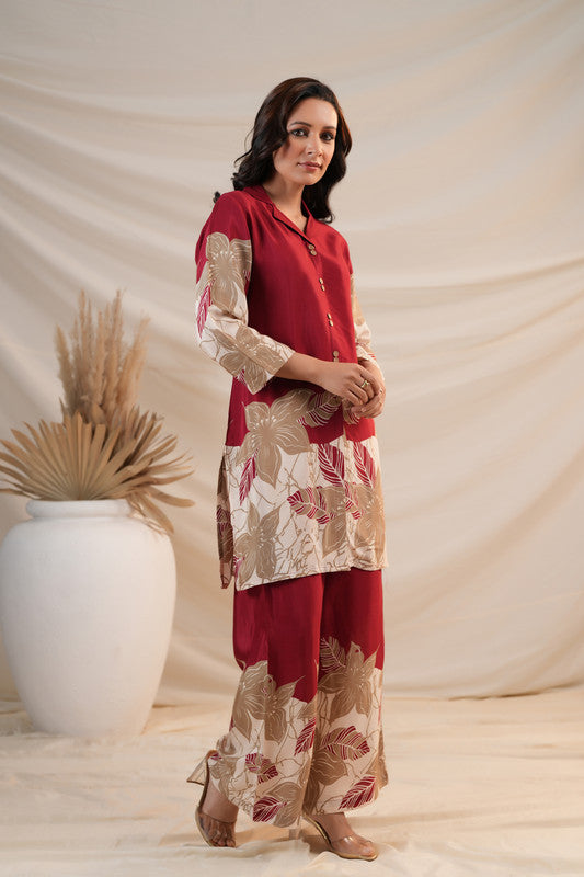 Maroon Floral Abstract Print Russian Silk Co-ord Set