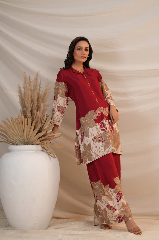 Maroon Floral Abstract Print Russian Silk Co-ord Set