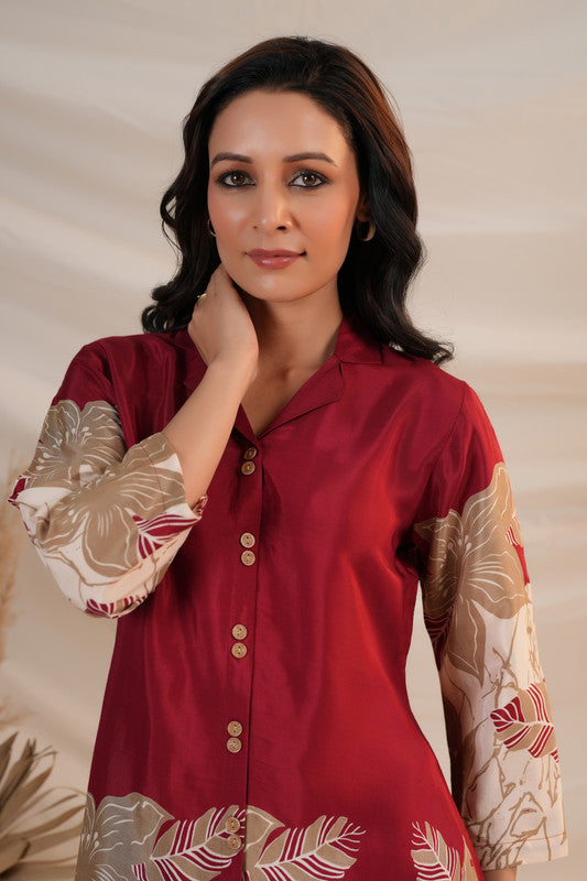 Maroon Floral Abstract Print Russian Silk Co-ord Set