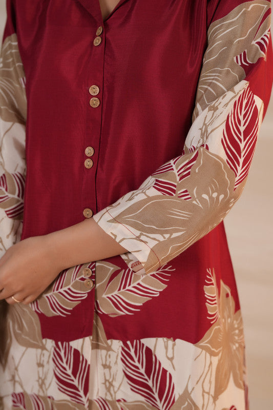 Maroon Floral Abstract Print Russian Silk Co-ord Set
