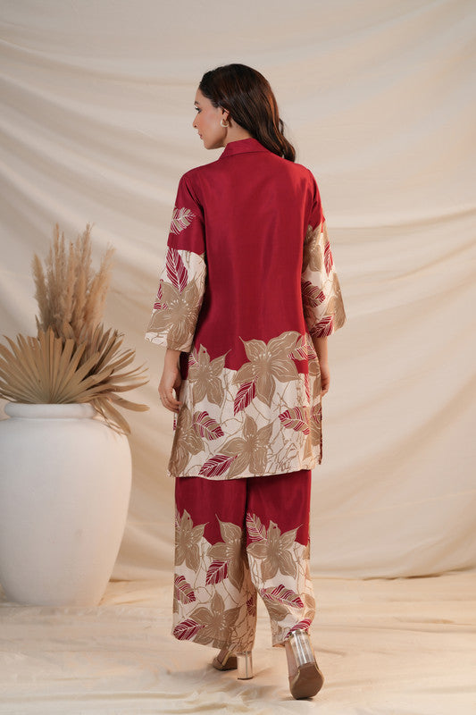 Maroon Floral Abstract Print Russian Silk Co-ord Set
