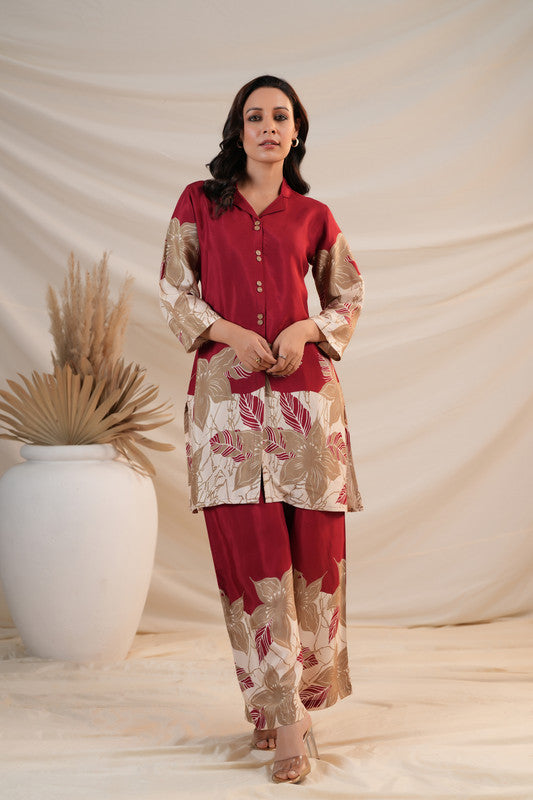 Maroon Floral Abstract Print Russian Silk Co-ord Set