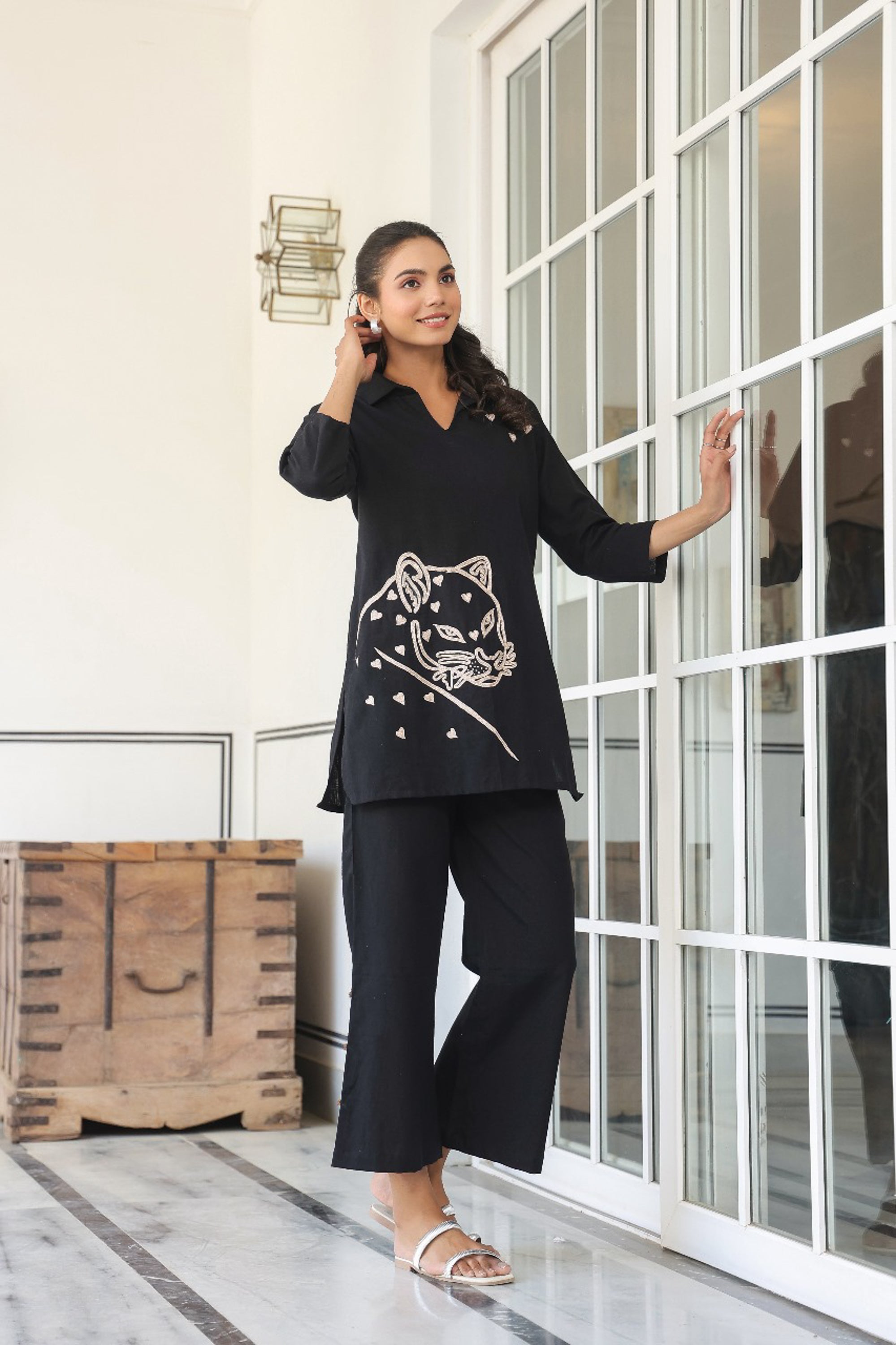 Black Embroidered Leopard Cotton Flex Top