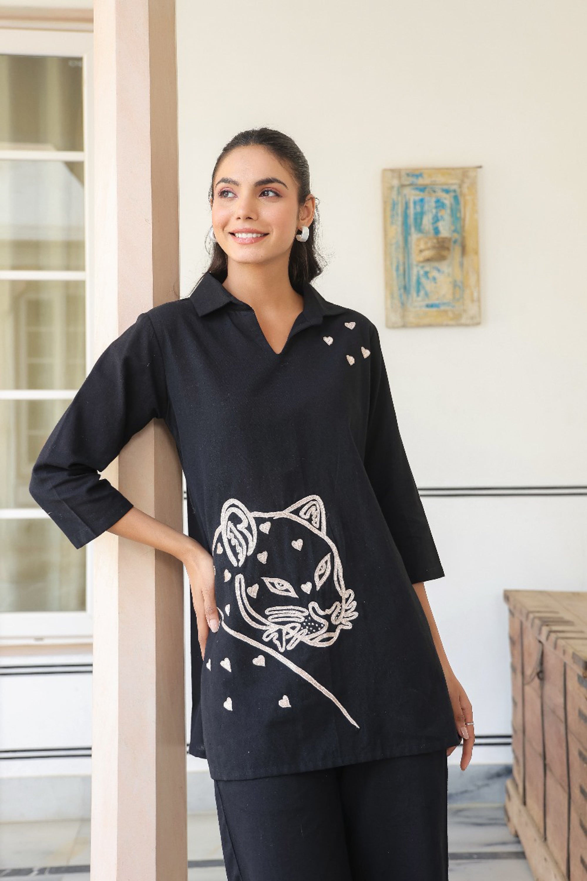 Black Embroidered Leopard Cotton Flex Top
