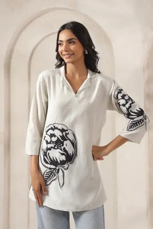 Floral Embroidered Tunic White Russian Silk Top