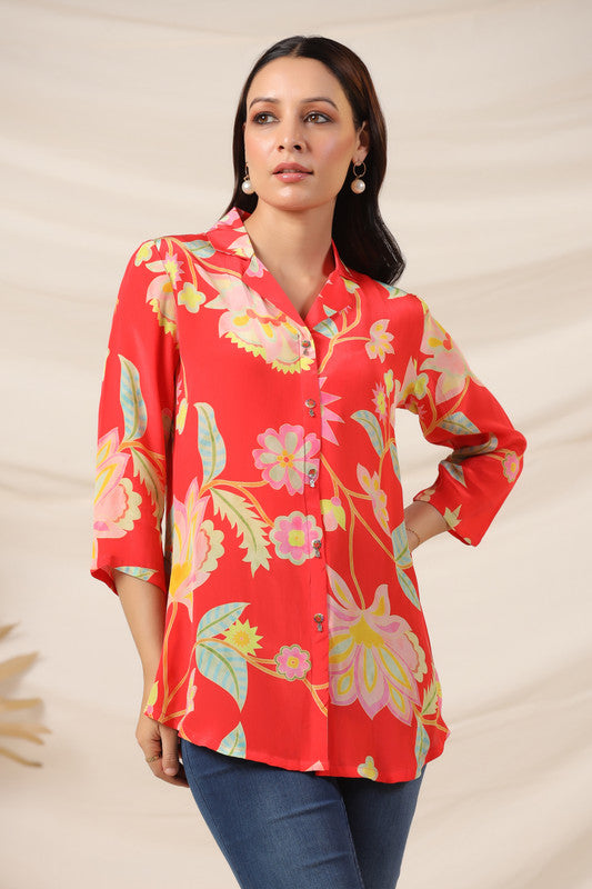 Scarlet Bloom Button-Down Russian Silk Top