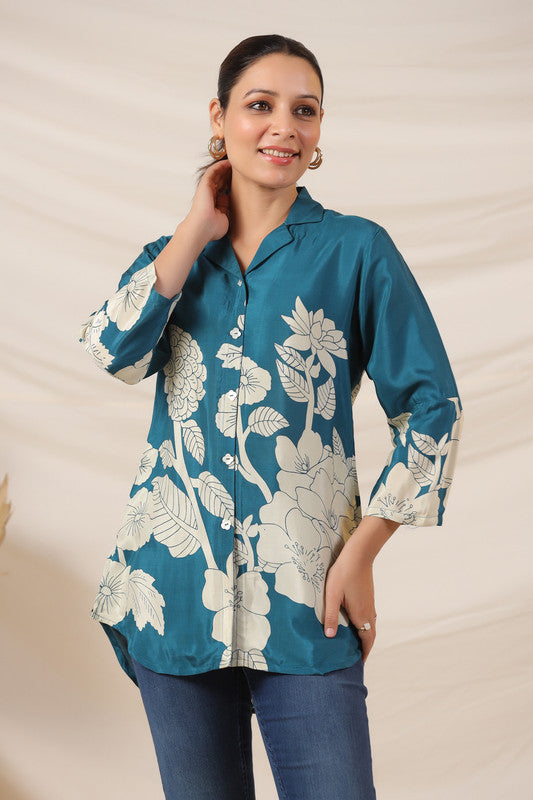 Teal Bloom Botanical Russian Silk Top
