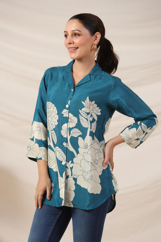 Teal Bloom Botanical Russian Silk Top