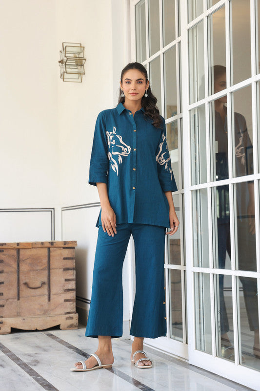 Teal Blue Horse Embroidered Cotton Co-ord Set
