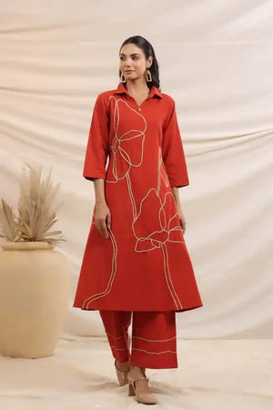Rust Bloom Embroidered Cotton Co-ord Set