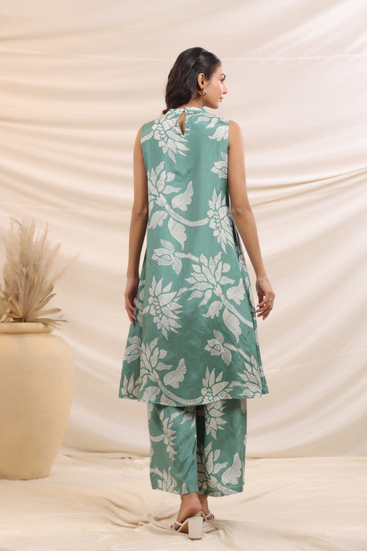 Mint Green Bloom Sleeveless Russian Silk Co-Ord Set