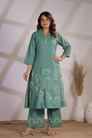 Abstract Embroidery Green Cotton Co-ord Set