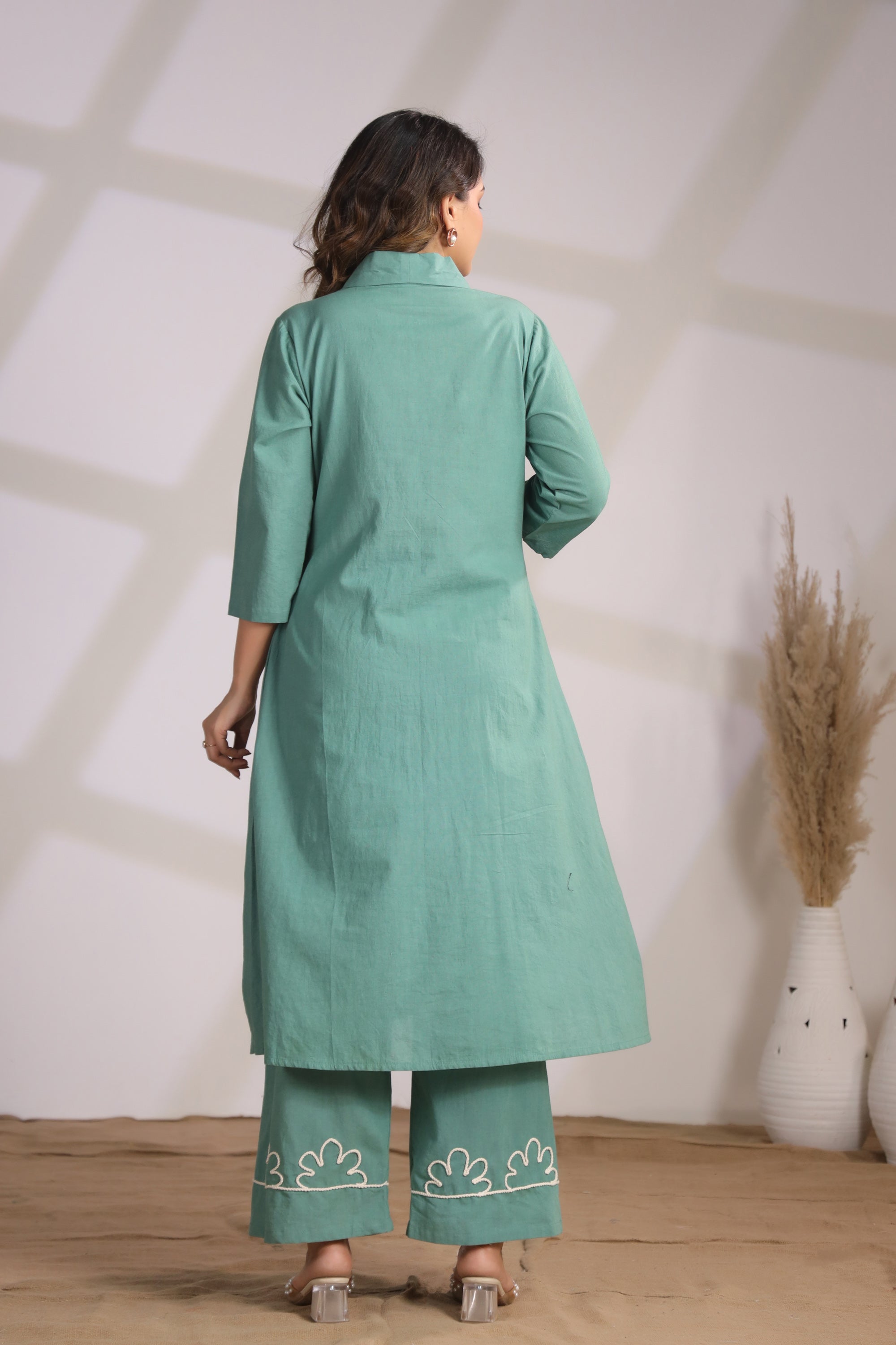 Abstract Embroidery Green Cotton Co-ord Set