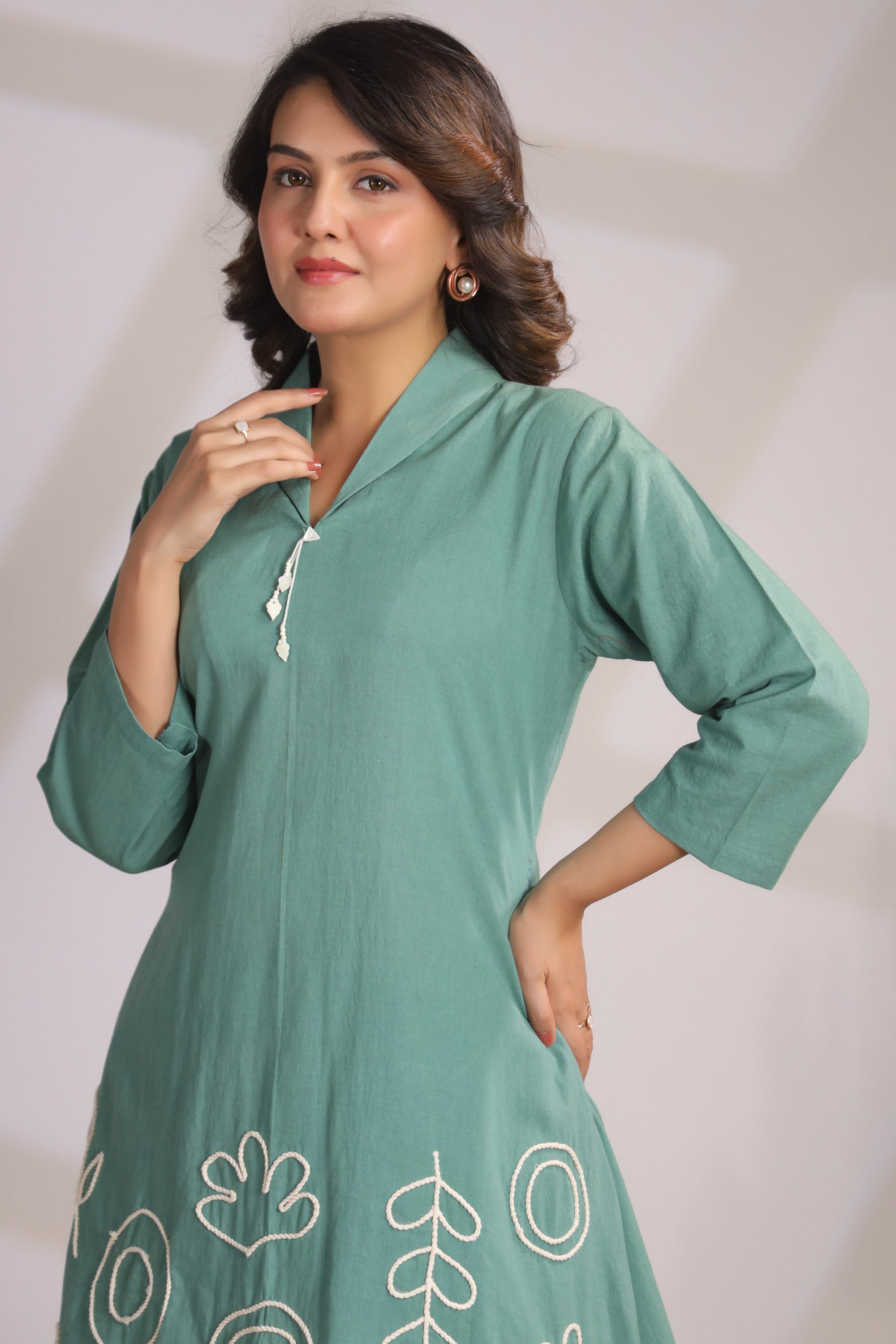 Abstract Embroidery Green Cotton Co-ord Set