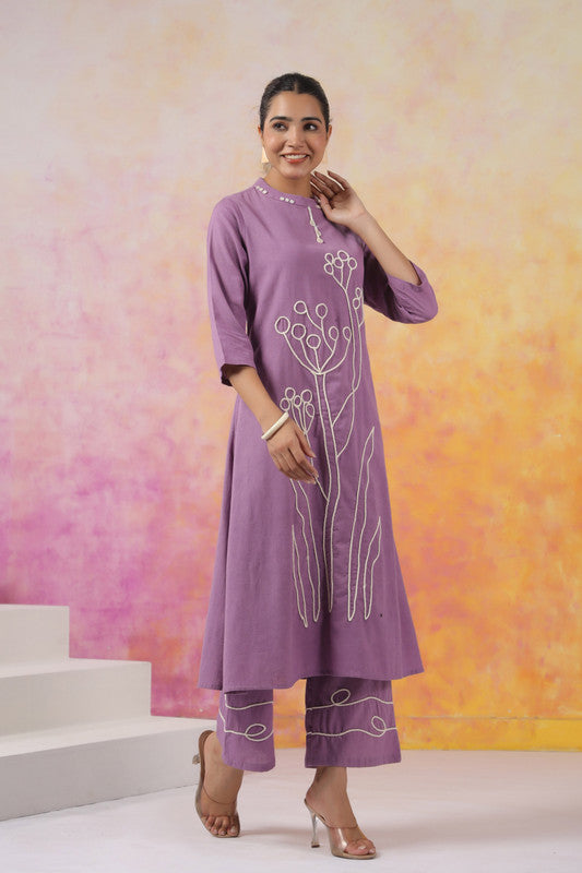 Elegant Purple with Minimalist Floral Embroidery Cotton Co-ord Set