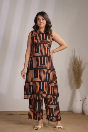 Rust Maze Sleeveless Russian Silk Co-ord Set
