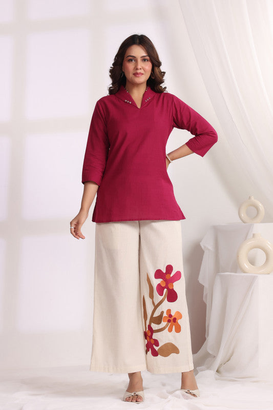 Maroon Tunic with Embroidered Floral Cotton Flex Co-ord Set