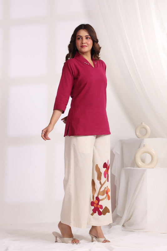 Maroon Tunic with Embroidered Floral Cotton Flex Co-ord Set