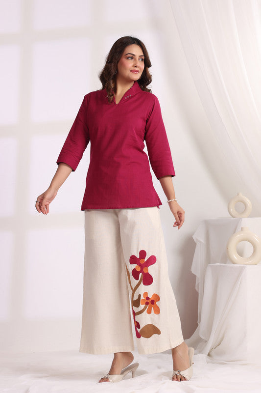 Maroon Tunic with Embroidered Floral Cotton Flex Co-ord Set