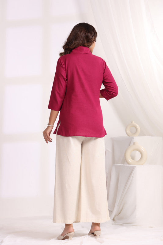 Maroon Tunic with Embroidered Floral Cotton Flex Co-ord Set
