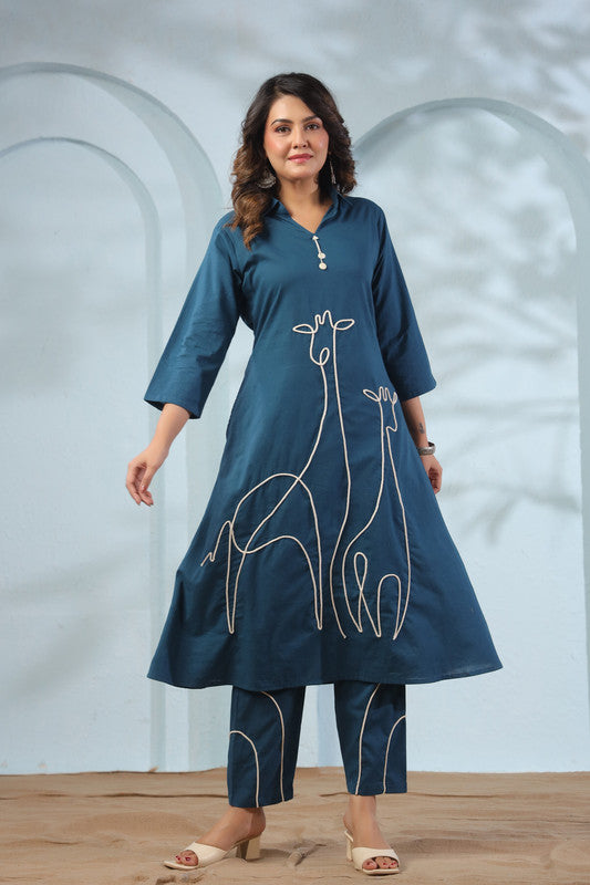 Giraffe Glance Teal Blue Cotton Co-ord Set