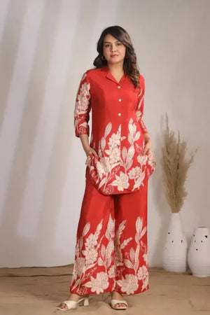 Artisanal Red Floral Tunic Printed Russian Silk Co-ord Set