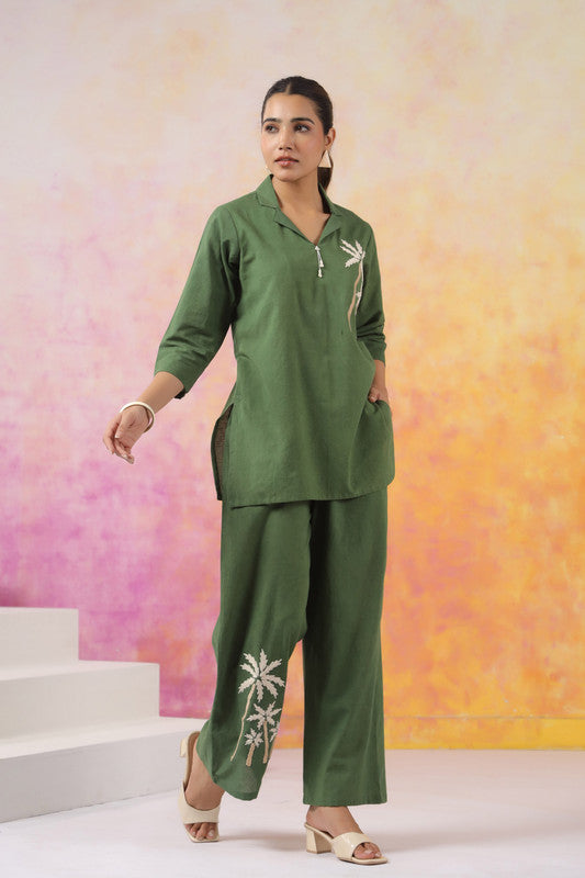 Olive Palm Embroidered Cotton Co-ord Set