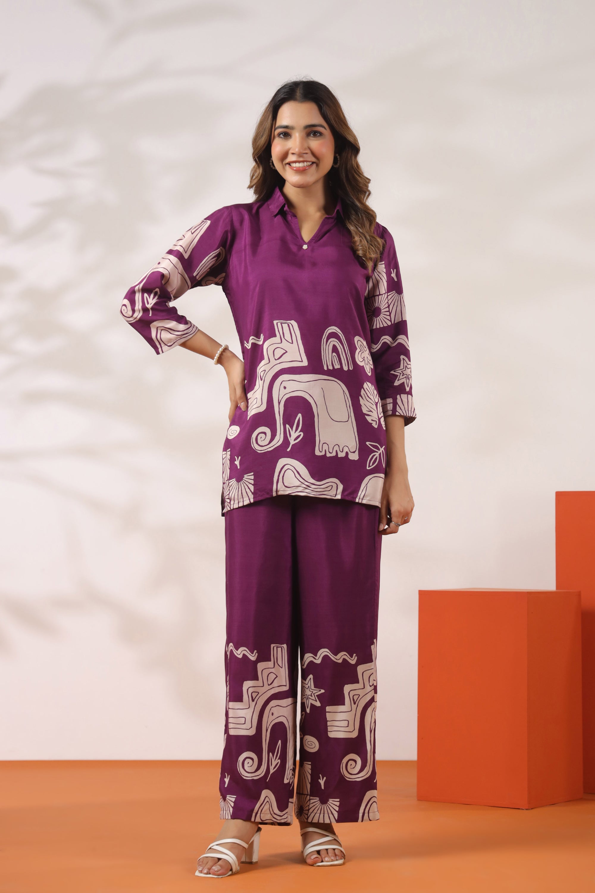 Abstract Printed Purple Russian Silk Co-ord Set