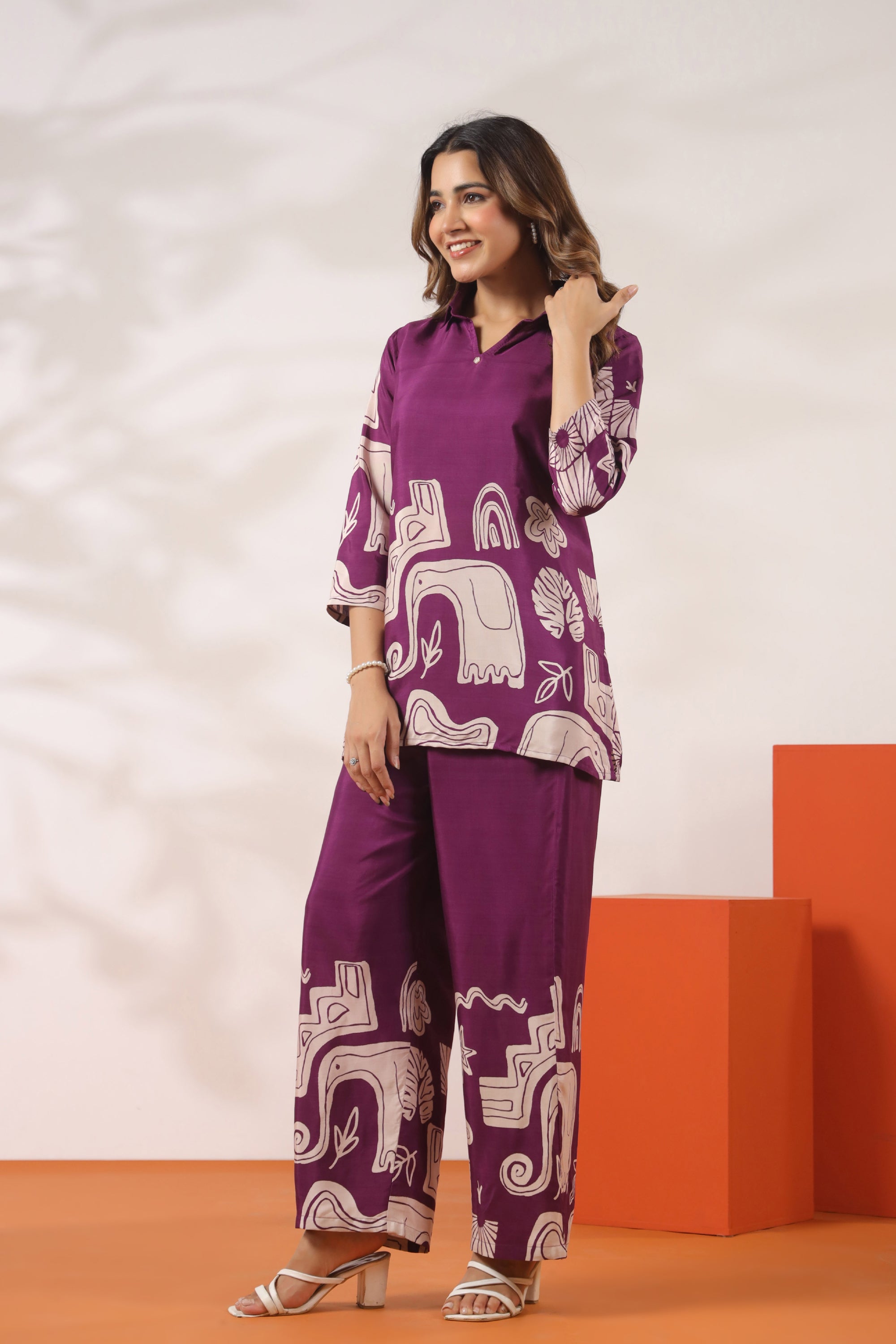 Abstract Printed Purple Russian Silk Co-ord Set