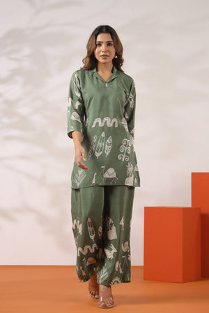 Green Tribal Motif Printed Russian Silk Co-ord Set