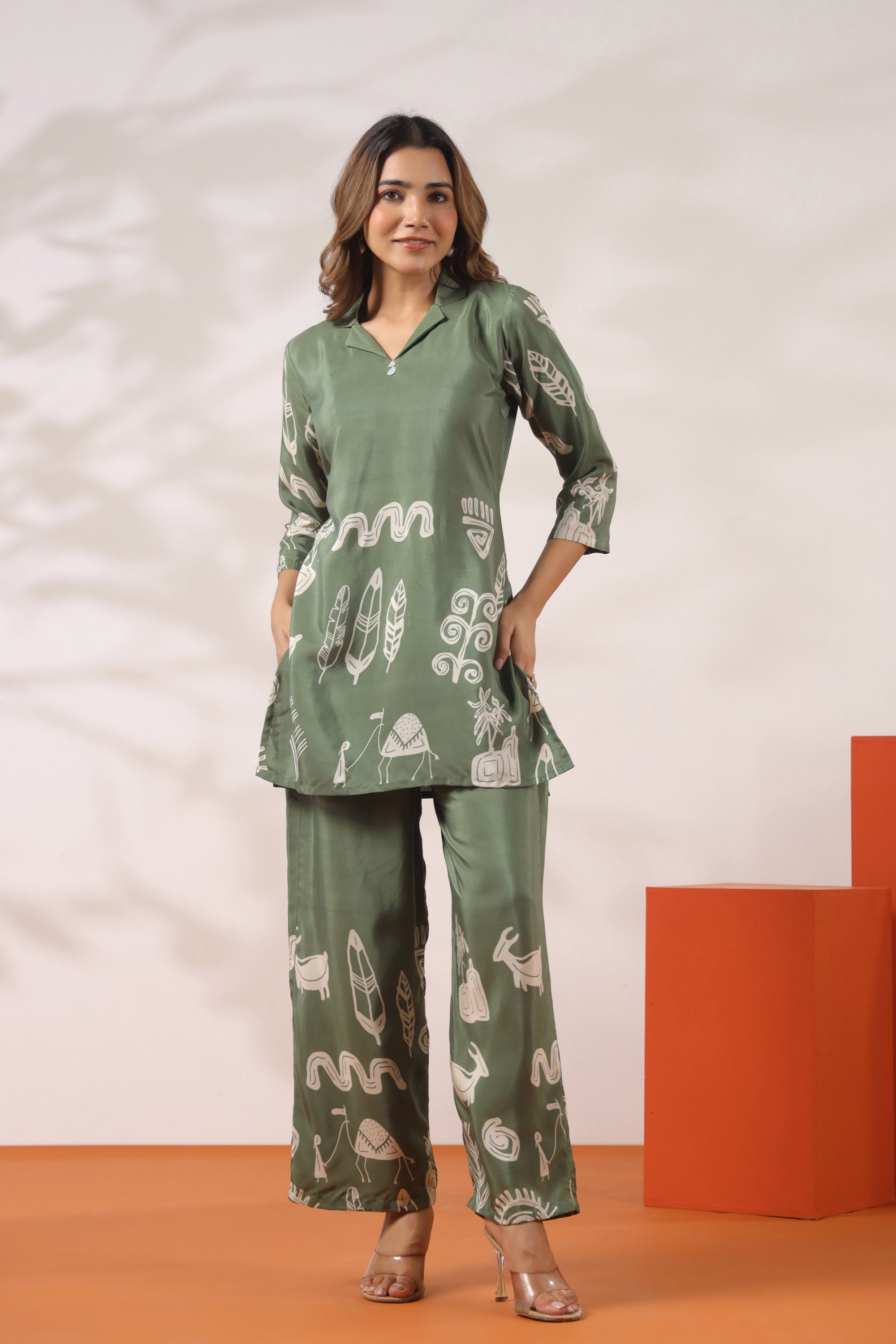 Green Tribal Motif Printed Russian Silk Co-ord Set