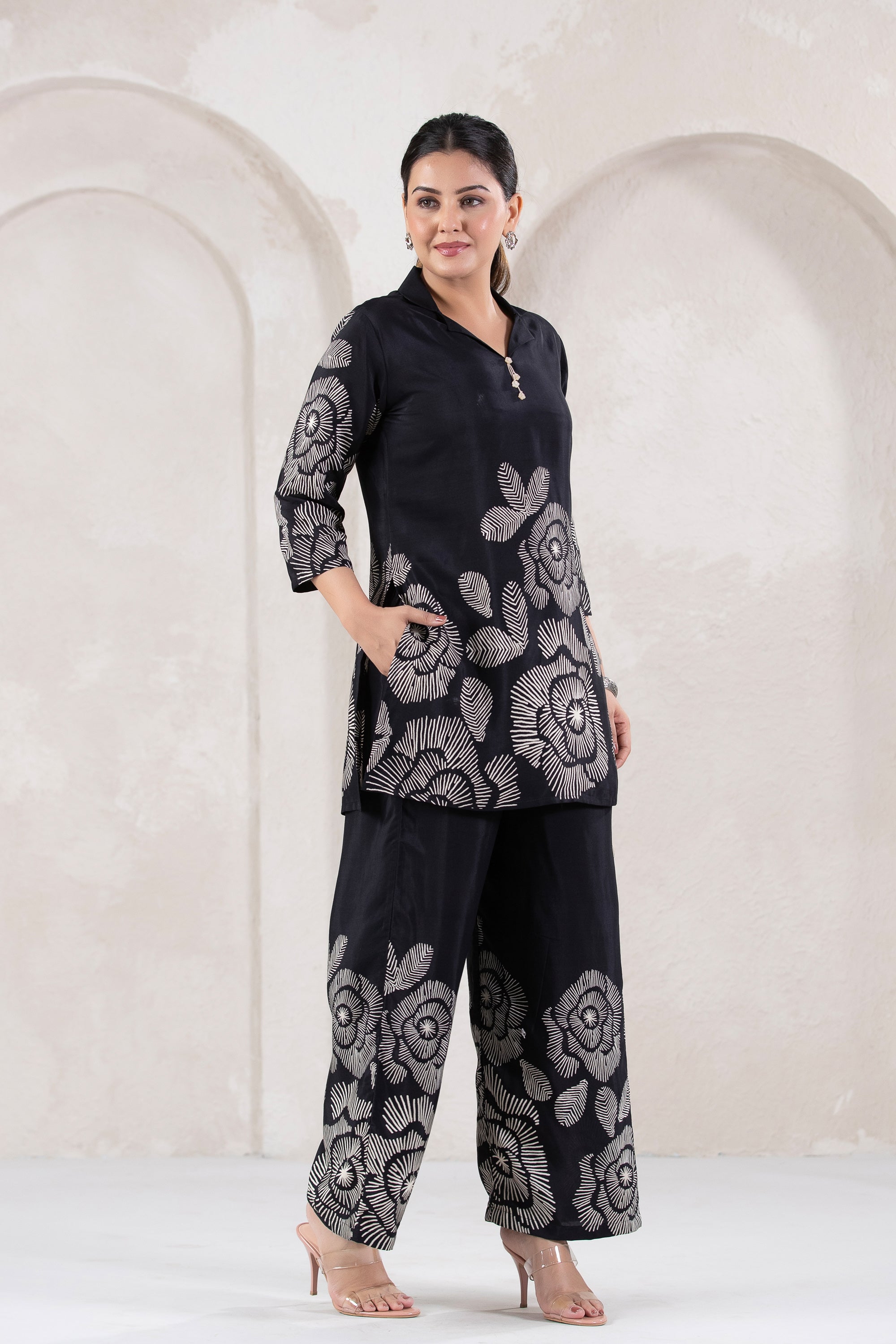 Bold Bloom in Black Printed Russian Silk Co-ord Set