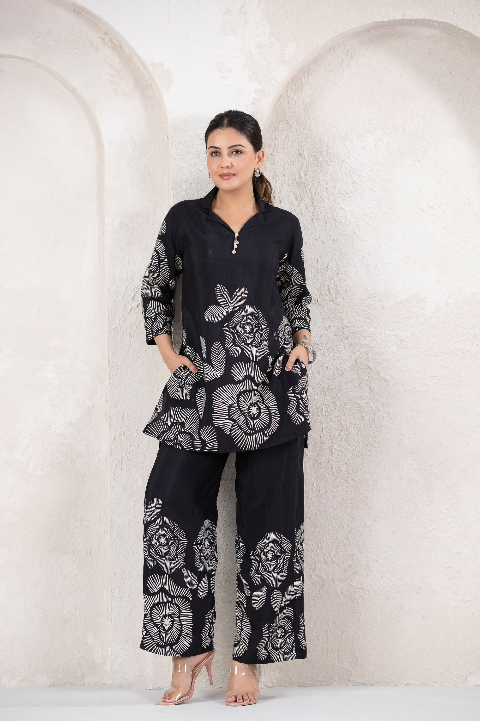 Bold Bloom in Black Printed Russian Silk Co-ord Set