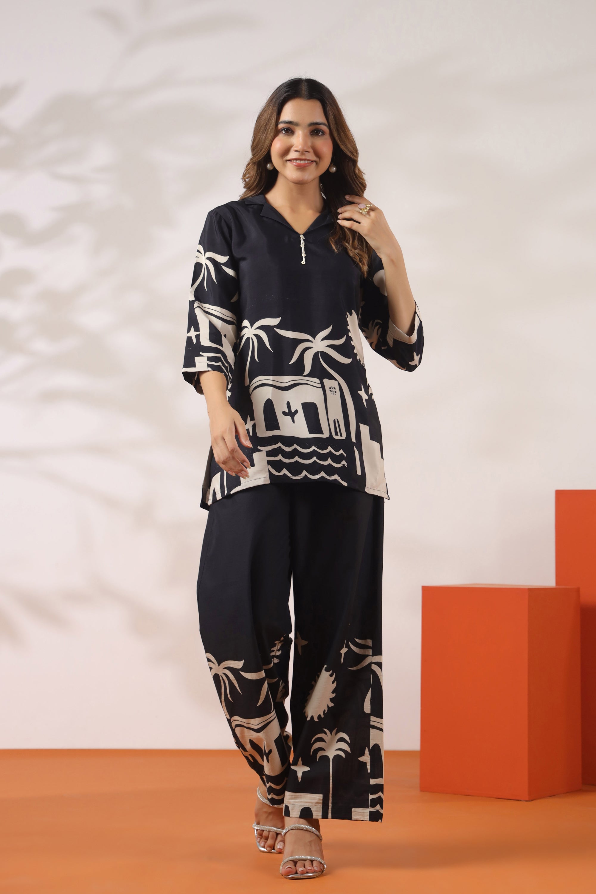 Tropical Tales in Monochrome Printed Black Russian Silk Co-ord Set