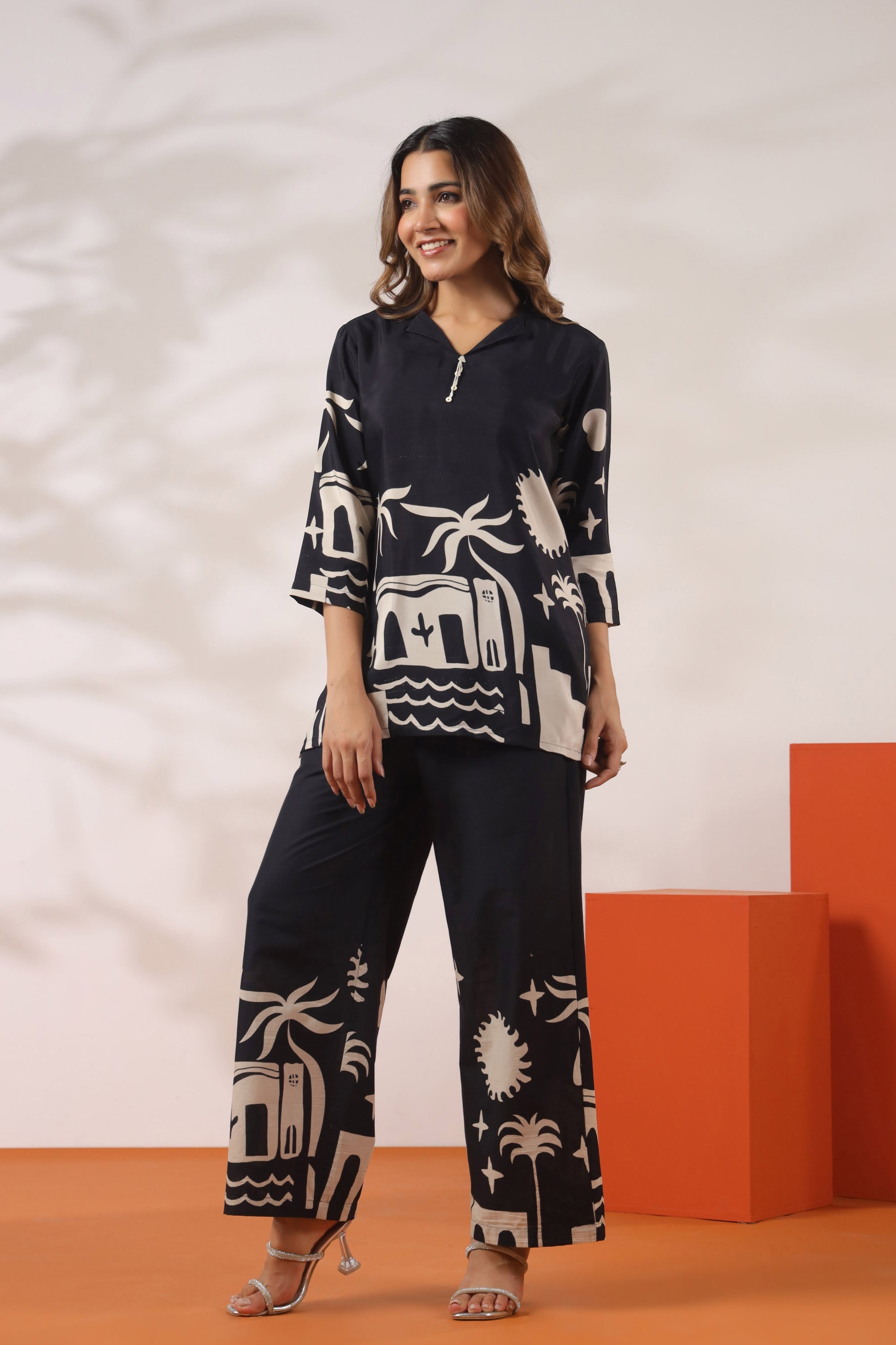 Tropical Tales in Monochrome Printed Black Russian Silk Co-ord Set