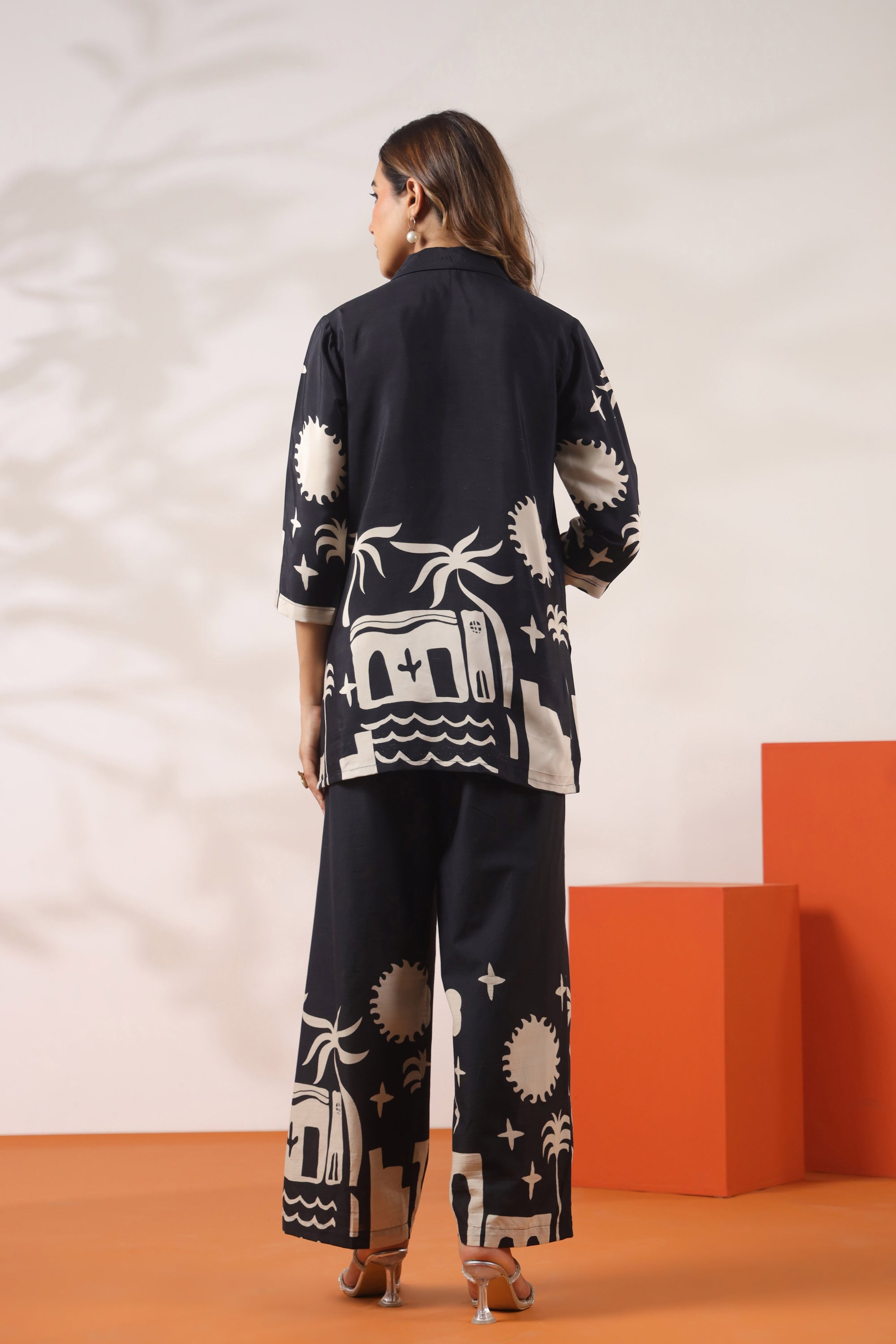 Tropical Tales in Monochrome Printed Black Russian Silk Co-ord Set
