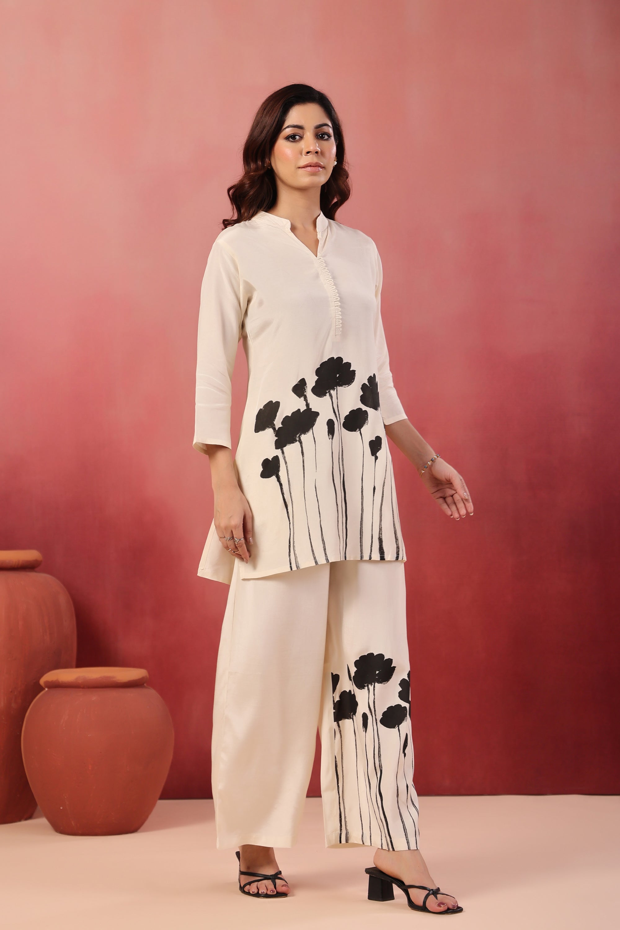 Ivory & Black Handbrush Floral Russian Silk Co-ord Set